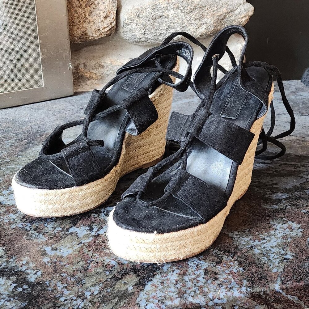 Forever 21 Black Faux Suede Wedge Espadrille Sandals Size 7 - Picture 6 of 16